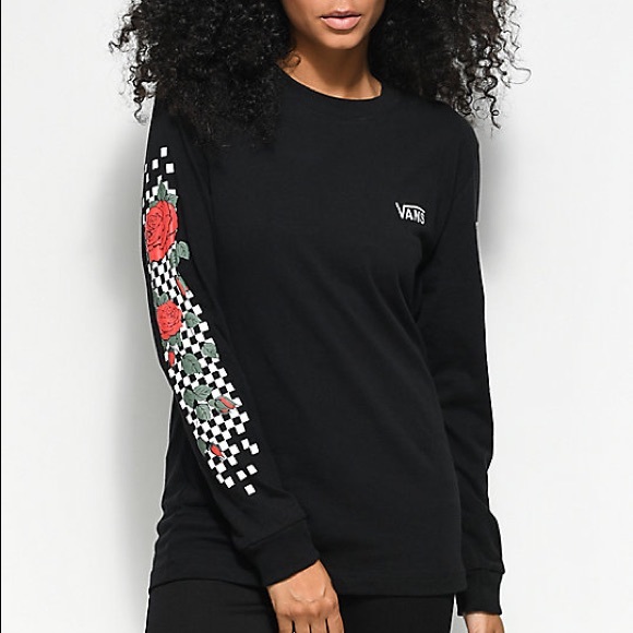 Vans Tops - VANS CHECKERED ROSE BLACK LONG SLEEVE